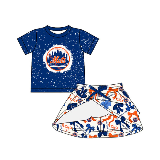 Preorder (moq 5)Baby Girls Navy Short Sleeves Mets Top Bows Plaid Skorts Team Set 6.14