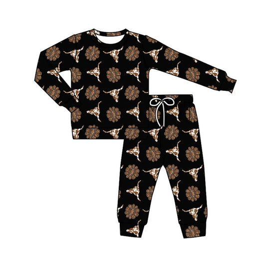 Preorder(moq 5) Baby Girls Cow Print Turquoises Bull Skulls Top Pockets Pants Western Clothes Sets 11.18