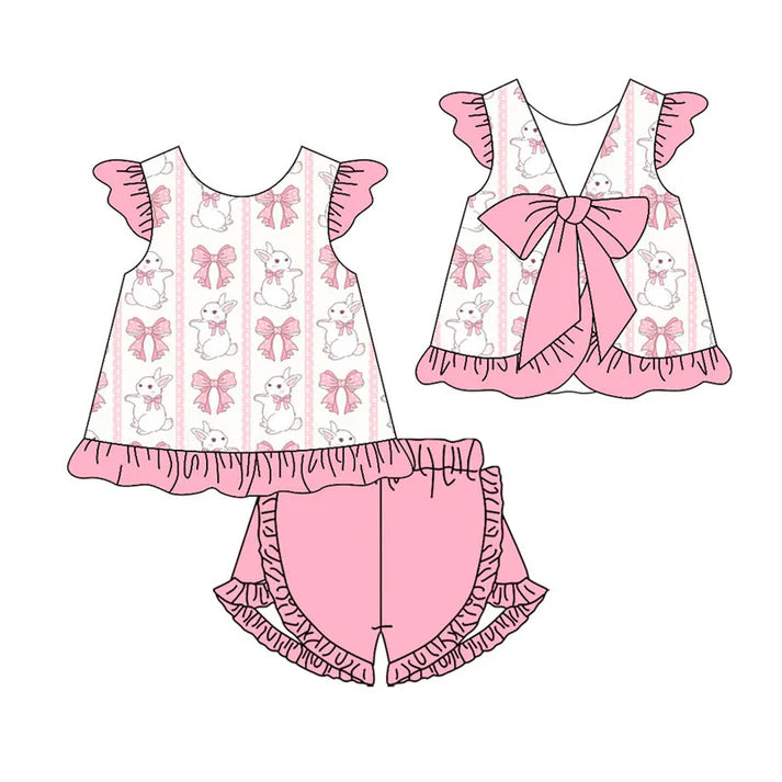 Preorder(moq 5) Baby Girls Pink Bows Rabbits Stripe Tunic Ruffle Shorts Easter Clothes Sets 11.19