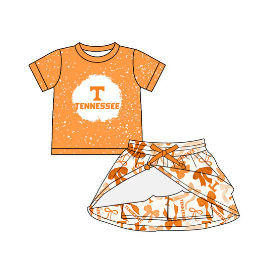 Preorder (moq 5)Baby Girls Orange Short Sleeves Tennessee Top Bows Plaid Skort Team Set 6.14