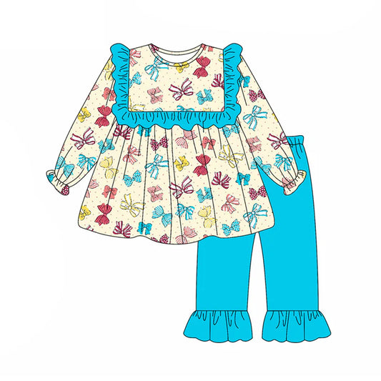 Preorder (moq 5)Baby Girls Long Sleeves Colorful Bows Plaid Tunic Blue Ruffle Pant Set 5.20