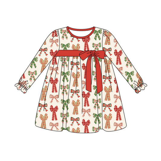 Preorder (moq 5)Baby Girls Long Ruffle Sleeves Plaid Bows Knee Length Dresses 5.29