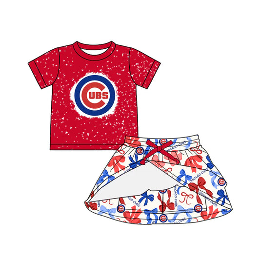 Preorder (moq 5)Baby Girls Red Short Sleeves Cubs Top Bows Plaid Skorts Team Set 6.14