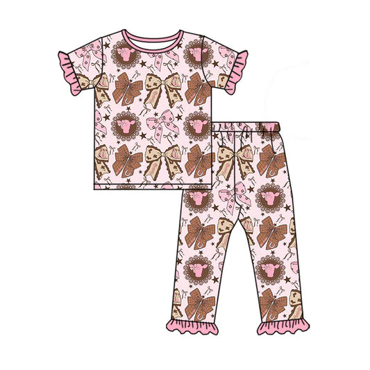 Preorder (moq 5)Baby Girls Pink Bows Highland Cows Top Ruffle Pants Western Pajamas Sets 12.6