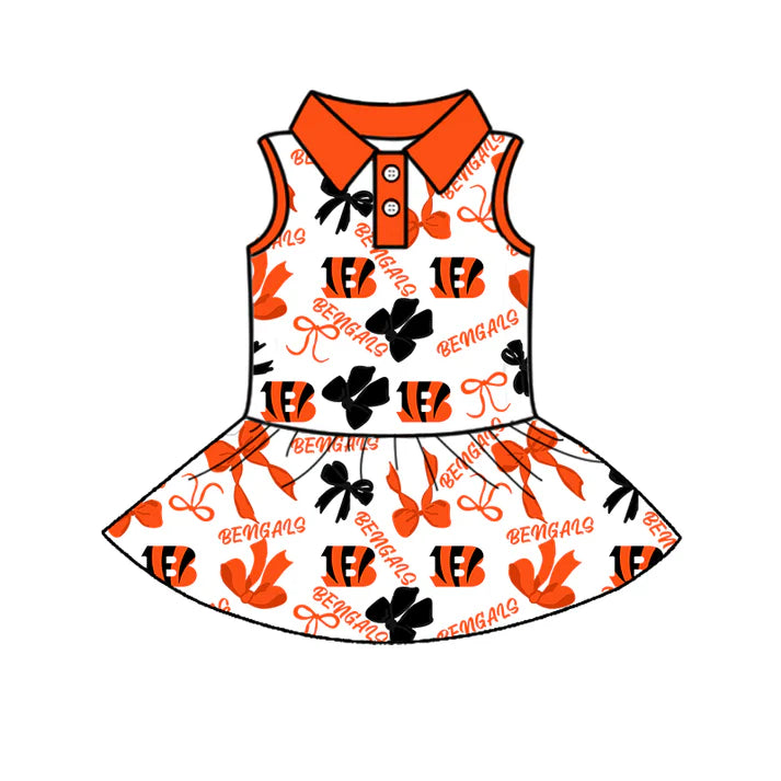 Preorder (moq 5)Baby Girls Red Sleeveless Bengals Bows Plaid Button Team Knee Length Dresses 6.30