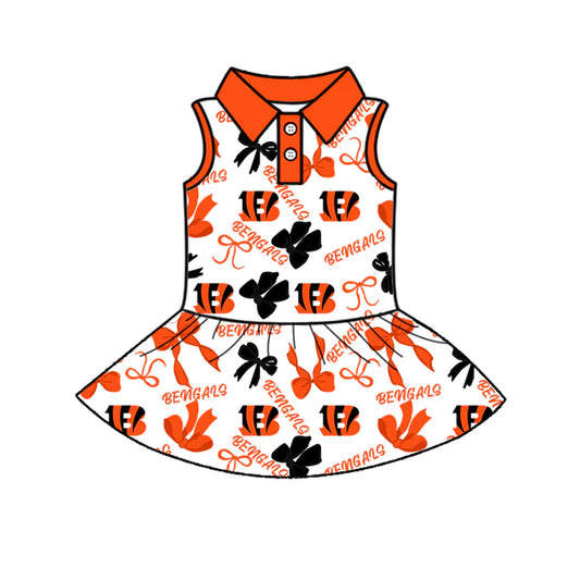 Preorder (moq 5)Baby Girls Red Sleeveless Bengals Bows Plaid Button Team Knee Length Dresses 6.30