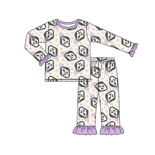 Preorder (moq 5)Baby Girls Lavender Long Ruffle Sleeves Bows Ghosts Top Pant Pajamas Set 6.14