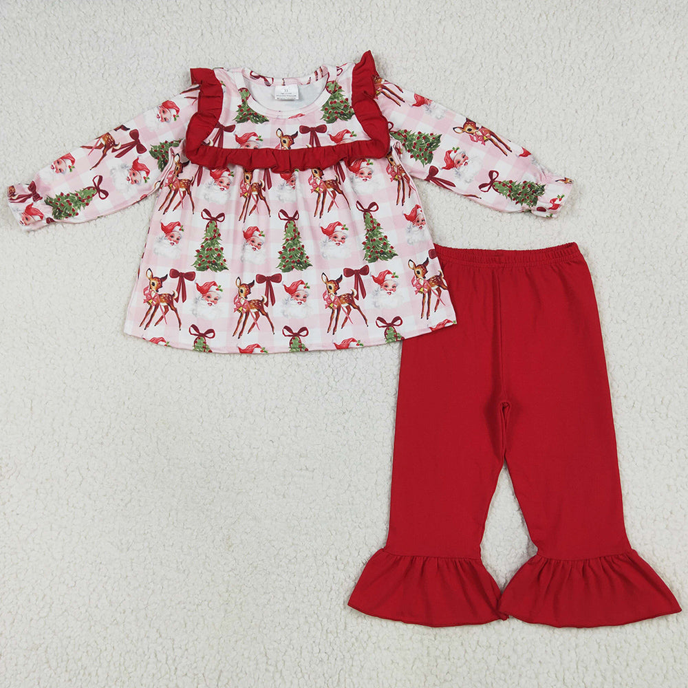 Baby Girls Clothes Christmas Red Long Sleeves Santa Trees Plaid Tunic Ruffle Pant Sets GLP2419 6.19