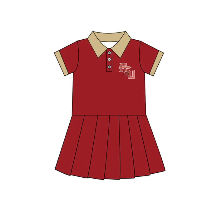Preorder (moq 5)Baby Girls Red Short Sleeves Button FSU Team Shorts Knee Length Dresses 7.11