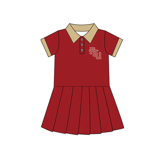 Preorder (moq 5)Baby Girls Red Short Sleeves Button FSU Team Shorts Knee Length Dresses 7.11