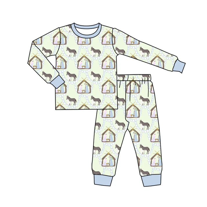 Preorder (moq 5)Baby Boys Long Sleeves Blue Donkey Jesus Plaid Top Pant Pajamas Set 5.20