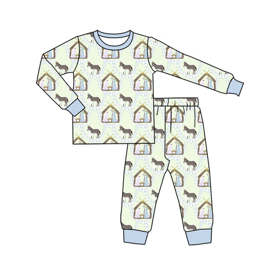Preorder (moq 5)Baby Boys Long Sleeves Blue Donkey Jesus Plaid Top Pant Pajamas Set 5.20
