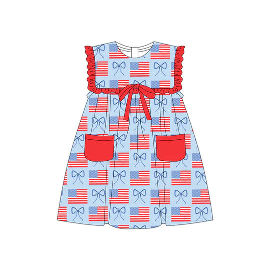 Preorder moq 5 Baby Girls Red Sleeveless Flags Pockets 4th Of July Knee Length Dresses 4.22