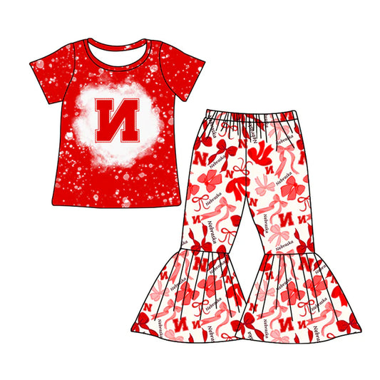 Preorder MOQ 5 bleached red N top bow pants girls team clothes 8.26