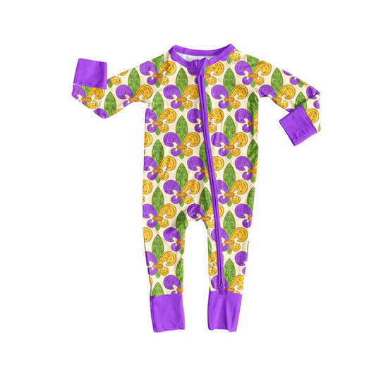 Preorder (moq 8)Baby Boys Purple Yellow Green Mardigras Zipper Footie Rompers 9.10