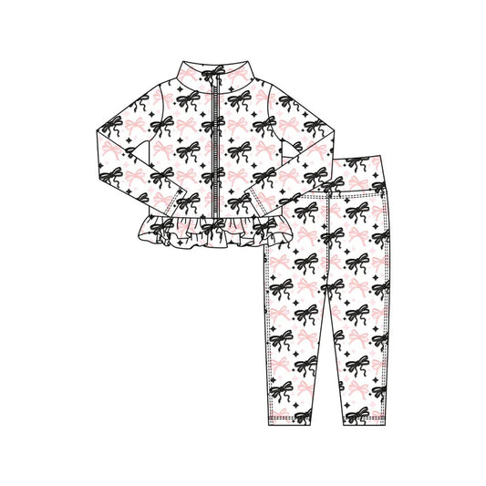 Preorder(moq 5) Baby Girls Pink Black Stars Bows Plaid Zipper Jacket Leggings Clothes Sets 10.31