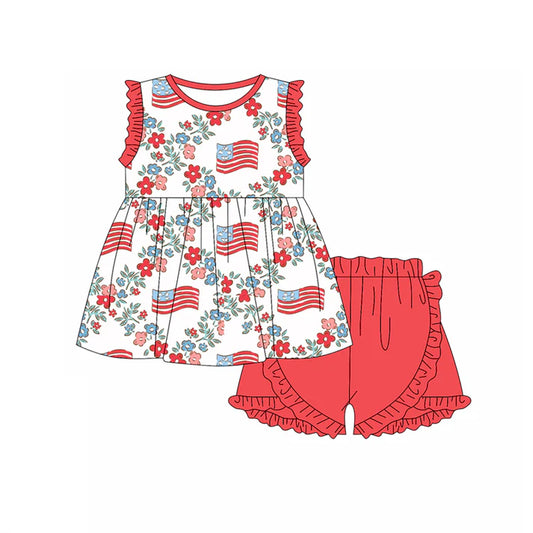 Preorder moq 5 Baby Girls Peach Sleeveless Flags Flowers Tunic Ruffle Short 4th Of July Set 4.23