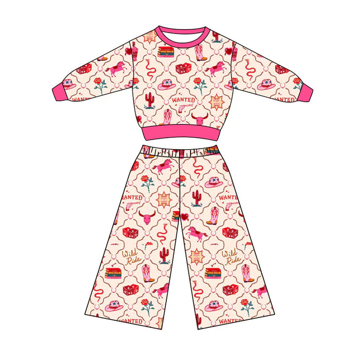 Preorder(moq 5) Baby Girls Howdy Cactus Bull Skulls Top Flare Pants Western Clothes Sets 10.27