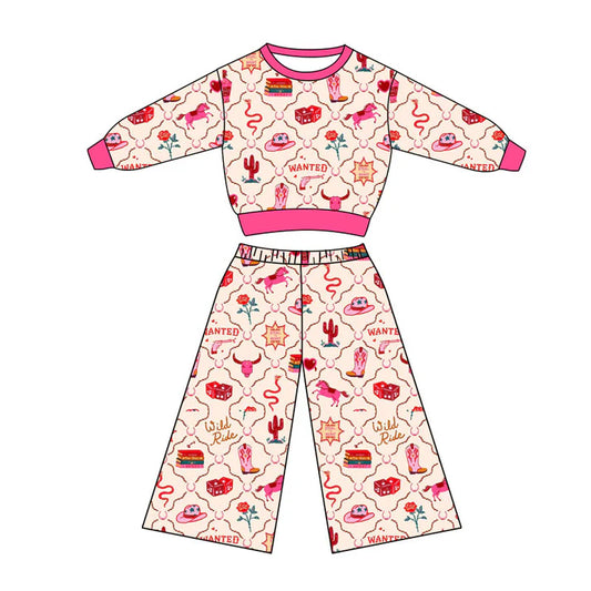 Preorder(moq 5) Baby Girls Howdy Cactus Bull Skulls Top Flare Pants Western Clothes Sets 10.27