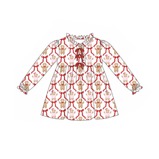 Preorder (moq 5)Baby Girls Christmas Gingerbread Bows Ruffle Knee Length Dresses 8.11