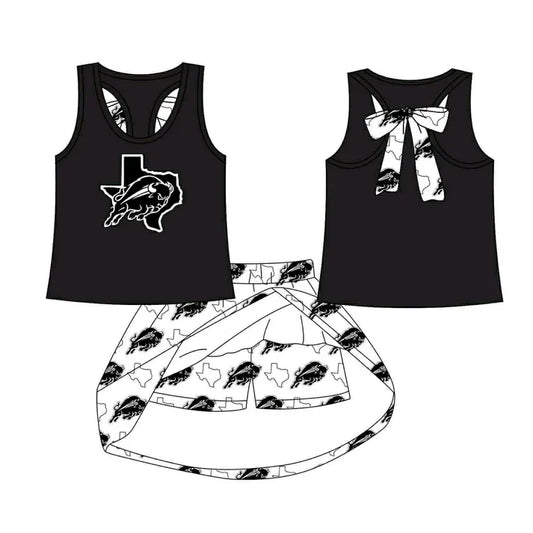 Preorder (moq 5)Baby Girls Black Cow bow vest team Top Skirt Skort Sets 8.13