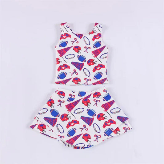 Preorder moq 5 Baby Girls Sleeveless Blue Football Cheer Plaid Vest Top Skorts Team Set 7.11