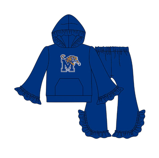 Preorder(moq 5)Baby Girls Blue M Tigers Pocket Hoodie Bell Bottom Pants Team Clothes Sets 12.17