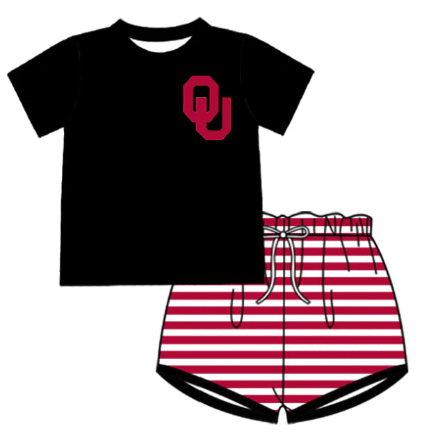 Preorder (moq 5)Baby Boys Black OU Top Red Stripe Shorts Team Clothes Sets 12.27