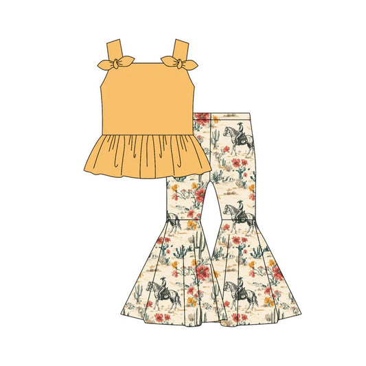Preorder moq 5 Baby Girls Yellow Strap Bows Tunic Horse Rodeos Flowers Bell Bottom Pants Set 4.30