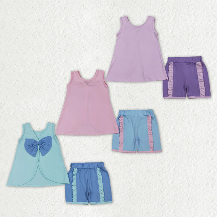 Sibling Baby Girls Sleeveless Back Bows Tunic Ruffle Shorts Clothes Sets