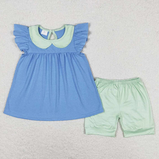 Baby Girls Clothes Blue Flutter Sleeve Tunic Shorts Sets GSSO1067