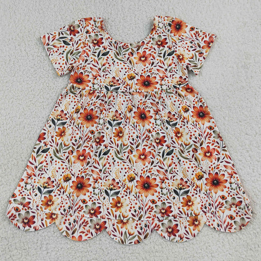Baby Girls Dress Short Sleeve Sunflowers Fall Scallop Knee Length Dresses GSD4155
