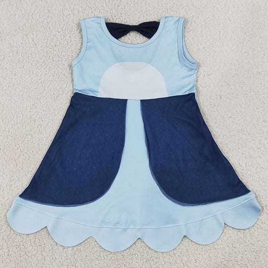 Baby Girls Dress Sleeveless Cartoon Blue Dogs Scallop Knee Length Dress GSD2515