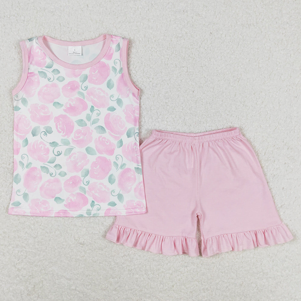 Baby Girls Clothes Pink Flowers Shirt Ruffle Shorts Sets GSSO0975