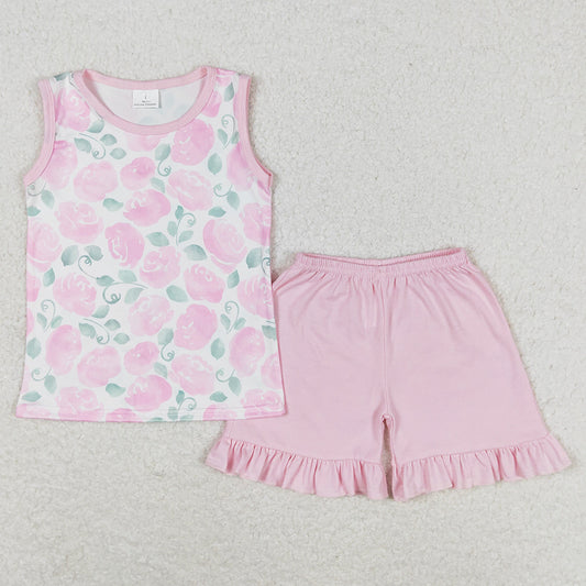 Baby Girls Clothes Pink Flowers Shirt Ruffle Shorts Sets GSSO0975