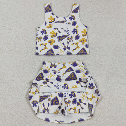 Baby Girls Clothes Purple Footballs Bows Plaid Vest Top Skorts Team Yoga Active Set GSD2690 9.2