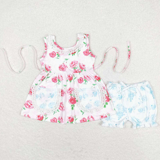 Baby Girls Clothes Pink Flowers Sleeveless Tunic Top Ruffle Shorts Sets GSSO0882