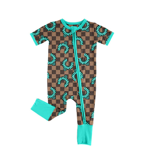 Preorder (moq 8)Baby Boys Khaki Checked Turquoises Western Zipper Footie Rompers 9.13