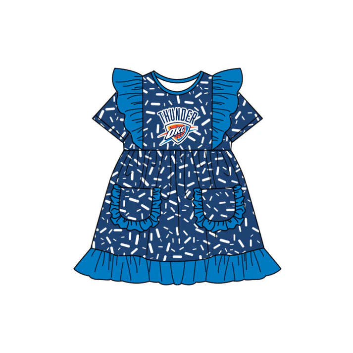 Preorder (moq 5)Baby Girls Flutter Short Sleeve Blue Sprinkles OKC Pockets Team Ruffle Knee Length Dresses 12.13