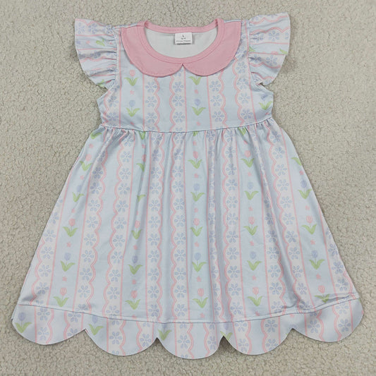 Baby Girls Dress Flutter Sleeve Flowers Stripe Collar Scallop Knee Length Dresses GSD3867