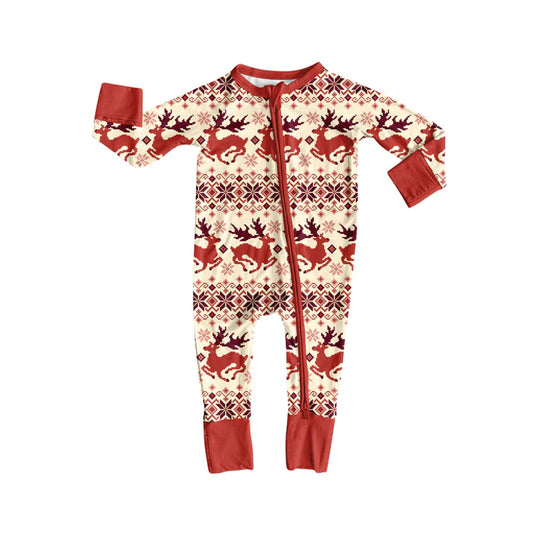 Preorder(moq 5)Baby Infant Deer Aztec Christmas Zipper Footie Rompers 8.8