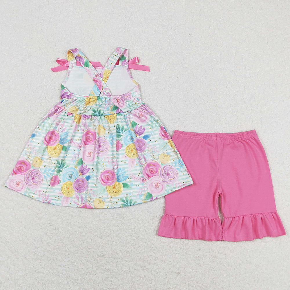 Baby Girls Clothes Green Stripes Flowers Bows Tunic Ruffle Shorts Sets GSSO1007