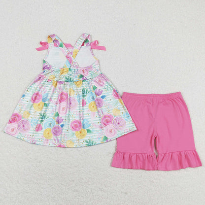 Baby Girls Clothes Green Stripes Flowers Bows Tunic Ruffle Shorts Sets GSSO1007