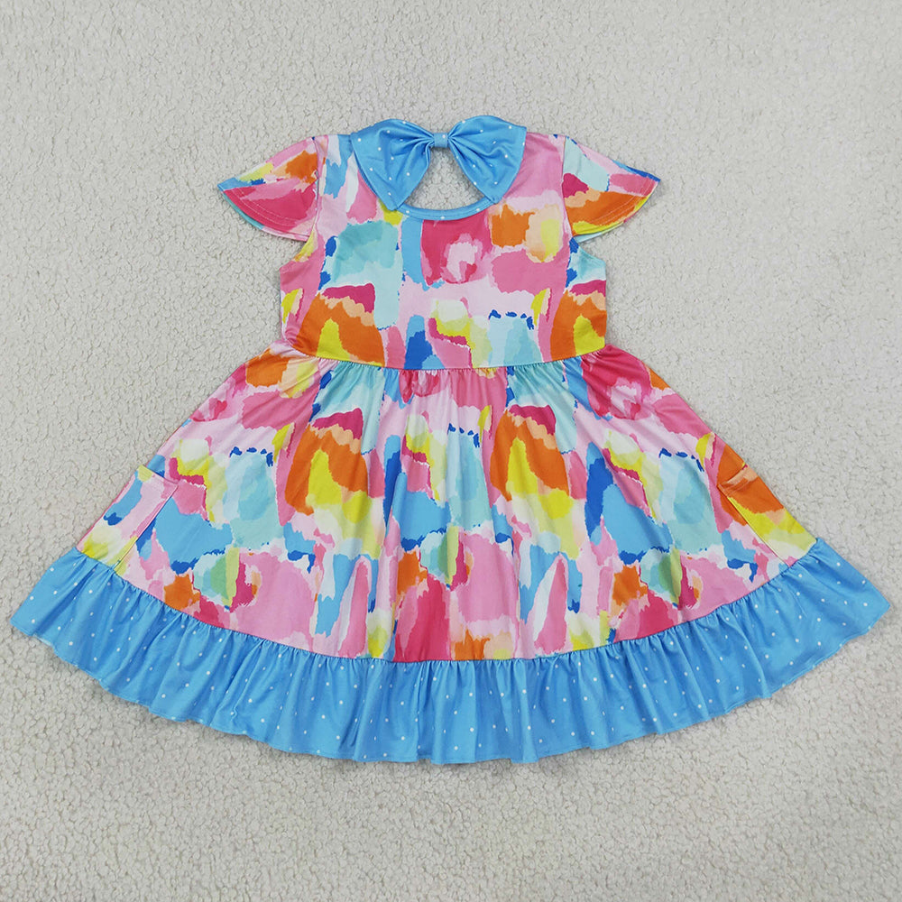 Baby Girls Dress Short Sleeves Tie-dye Print Pockets Ruffle Knee Length Dresses GSD2610