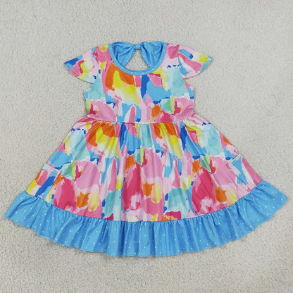Baby Girls Dress Short Sleeves Tie-dye Print Pockets Ruffle Knee Length Dresses GSD2610