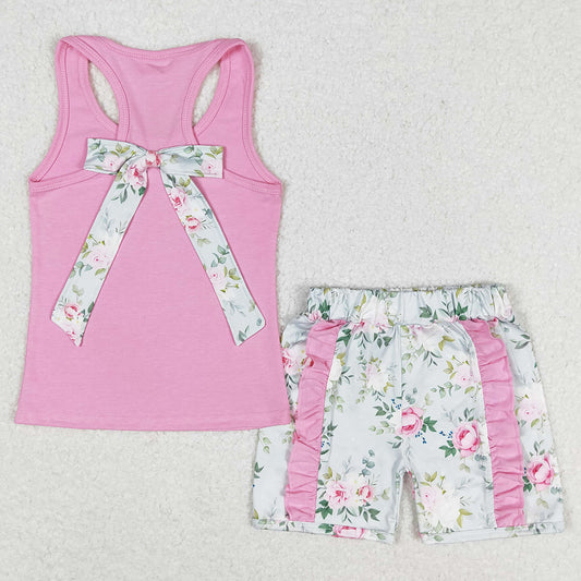 Baby Girls Clothes Pink Vest Bows Top Ruffle Floral Shorts Sets GSSO1059