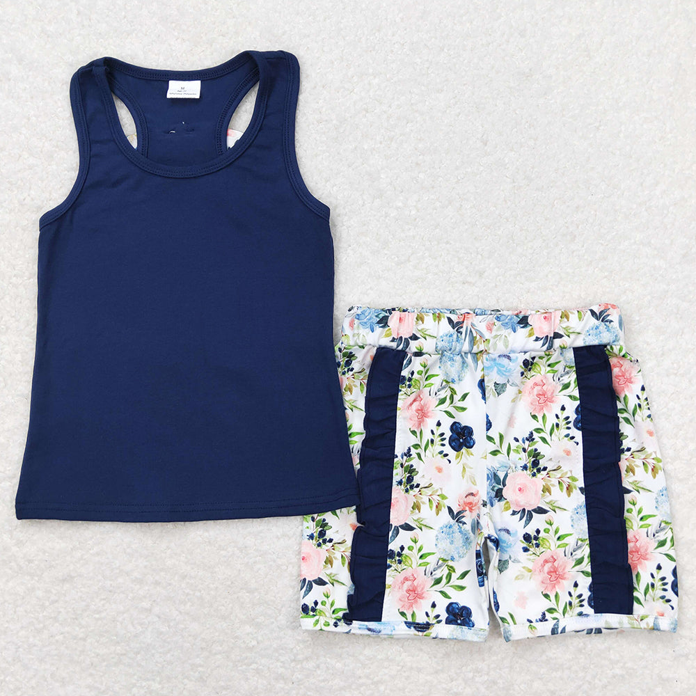 Baby Girls Clothes Navy Vest Bows Top Ruffle Floral Shorts Sets GSSO1062