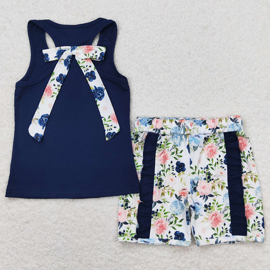 Baby Girls Clothes Navy Vest Bows Top Ruffle Floral Shorts Sets GSSO1062