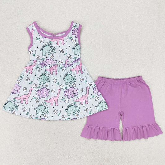 Baby Girls Clothes Purple Dinosaur Bow Tunic Ruffle Shorts Sets GSSO0533