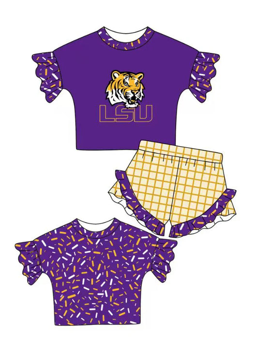 Preorder (moq 5)Baby Girls Purple Sprinkles LSU Tiger Top Checked Ruffle Shorts Team Clothes Set 1.12